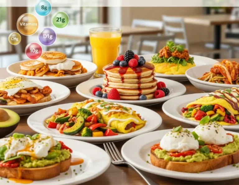First Watch menu nutrition guide showing calorie, fat, and protein details for popular breakfast and lunch items.”