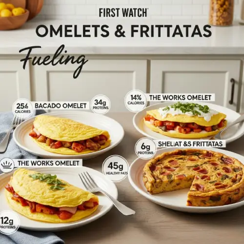 “First Watch menu nutrition chart showing calories and nutrients for omelets and frittatas.”