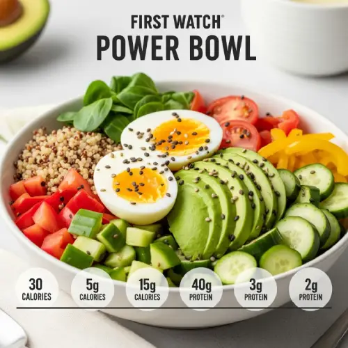 “First Watch menu nutrition chart showing calories and nutrients for healthy Power Bowls.”