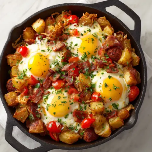 Farm House Hash First Watch served with crispy potatoes, fresh veggies, melted cheese, bacon, and eggs.