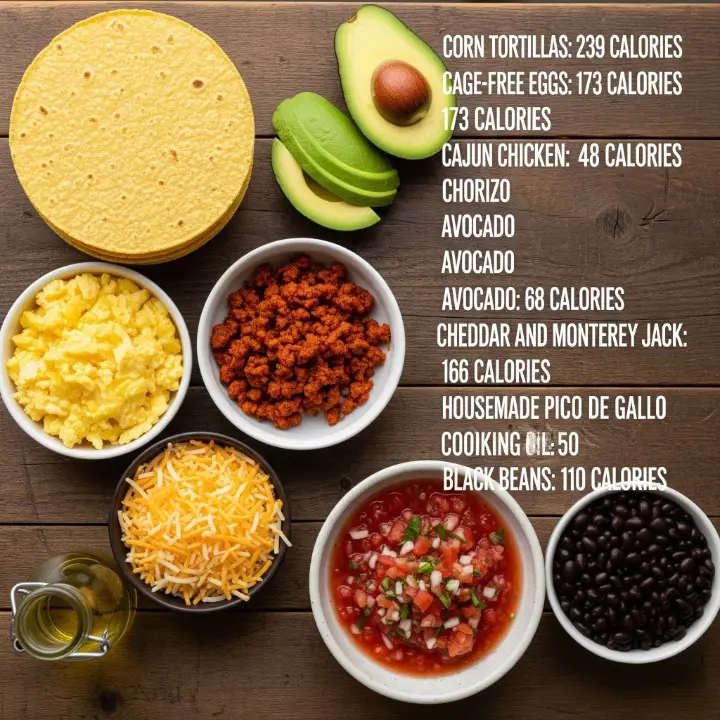 Fresh ingredients for First Watch Farm Stand Breakfast Tacos including eggs, avocado, black beans, and roasted corn.