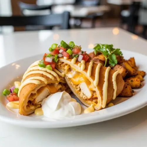 A golden-brown Chickichanga from First Watch, stuffed with eggs, chicken, vegetables, and cheese, topped with avocado and served with fresh salsa and sour cream.