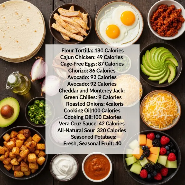 A neatly arranged ingredient spread for First Watch Chickichanga, including tortilla, Cajun chicken, eggs, avocado, cheese, chorizo, potatoes, and fresh fruit on a prep surface