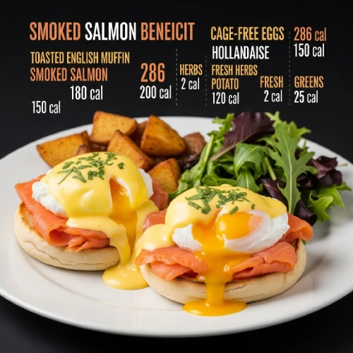 "Smoked Salmon Benedict ingredients with calories on a sleek black background."