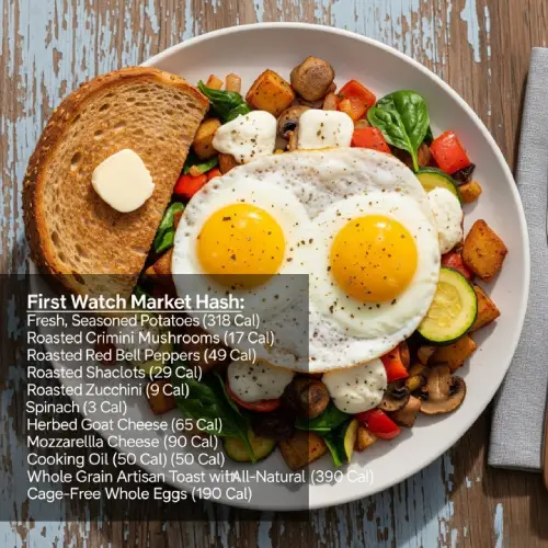 A fresh and colorful overhead shot of Market Hash ingredients laid out on a wooden surface. Includes diced potatoes, sautéed mushrooms, red peppers, green zucchini, fresh spinach, onions, two sunny-side-up eggs, and a sprinkle of herbs
