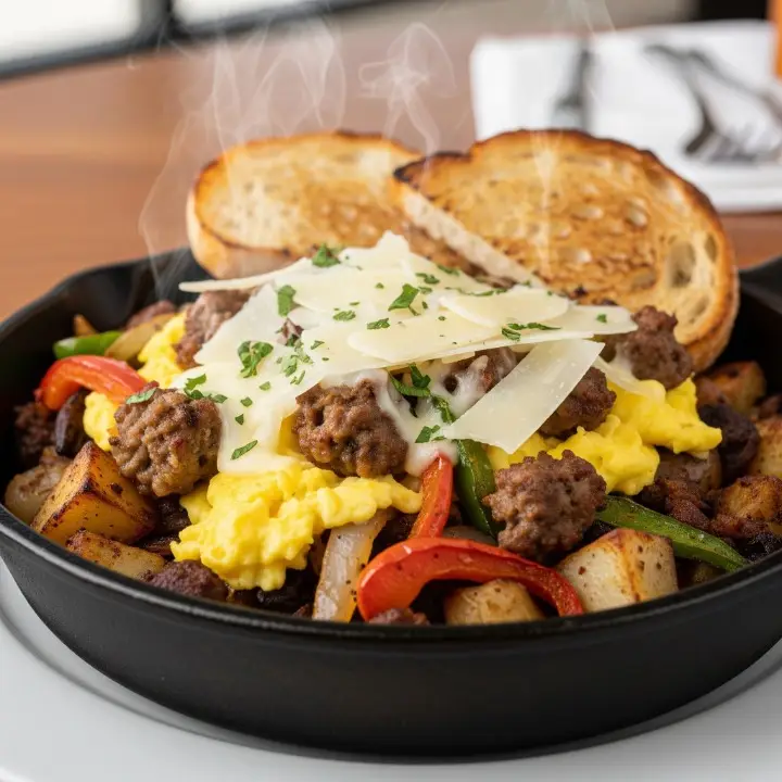 Parma Skillet Hash from First Watch with crispy potatoes, two sunny-side-up eggs, prosciutto, Parmesan, and fresh herbs served in a skillet.