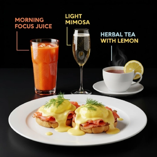 "Best drink pairings for Smoked Salmon Benedict dish."