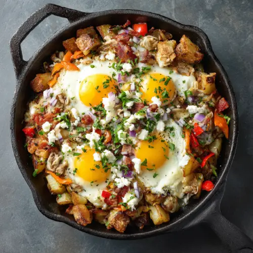 arm House Hash First Watch with crispy potatoes, veggies, cheese, bacon, and cage-free eggs