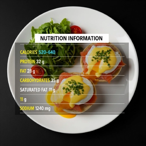 "Smoked Salmon Benedict nutrition facts infographic."