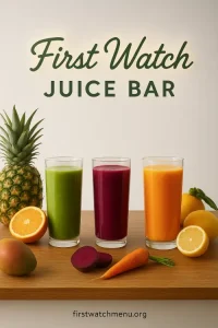 "First Watch Juice Bar drinks with fresh fruits in a clean menu-poster style"