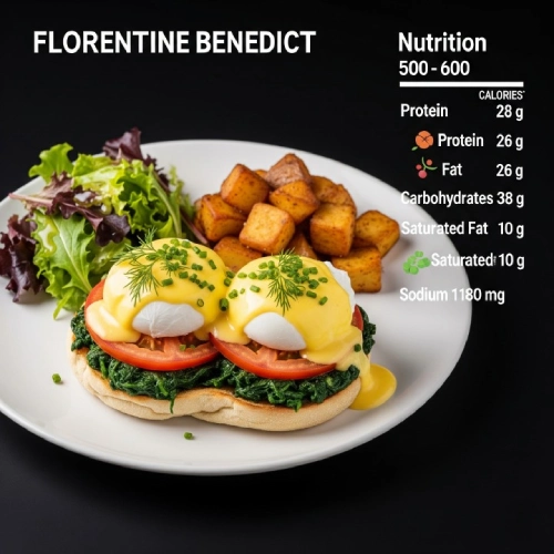 "Florentine Benedict nutrition facts infographic with calories, protein, fat, carbs, and sodium details."