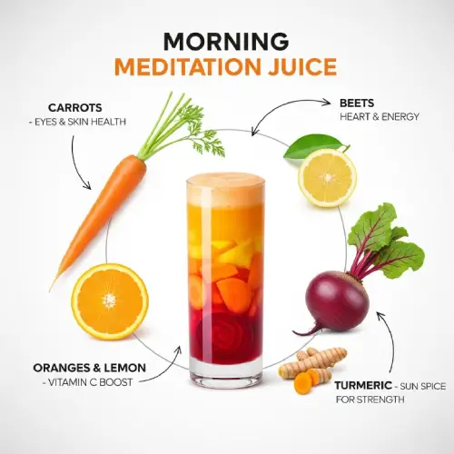 "Glass of fresh morning meditation juice with natural ingredients, promoting energy, mental clarity, and overall health benefits"