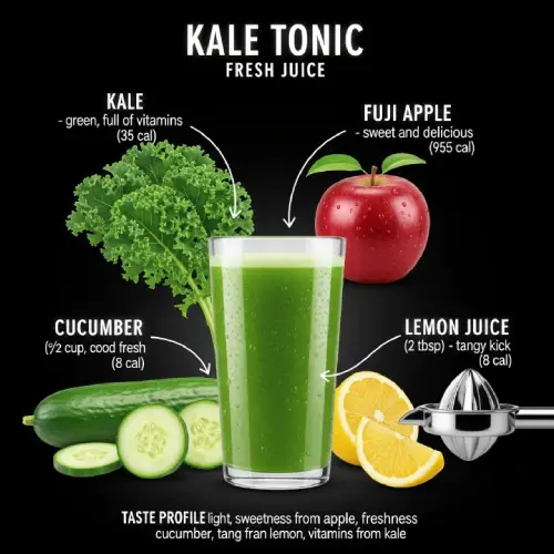 "Fresh ingredients for Kale Tonic juice including kale, apple, cucumber, and lemon"