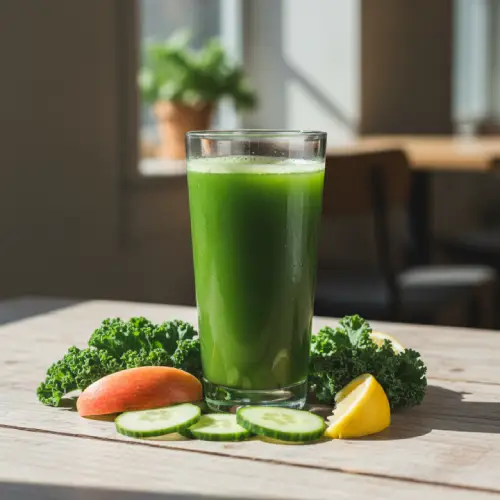 "Fresh Kale Tonic juice in a glass made with kale, apple, cucumber, and lemon"