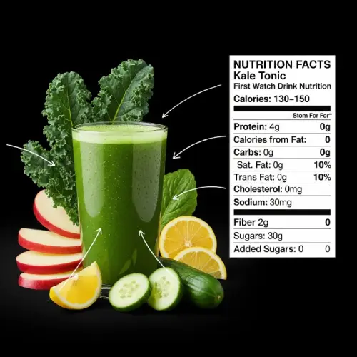 "Kale Tonic juice nutrition chart showing calories, vitamins, and health benefits"