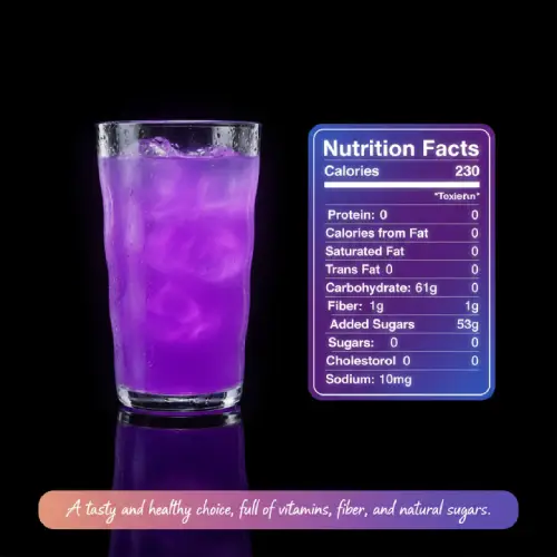 "Purple Haze juice nutrition chart showing calories, vitamins, and antioxidants"