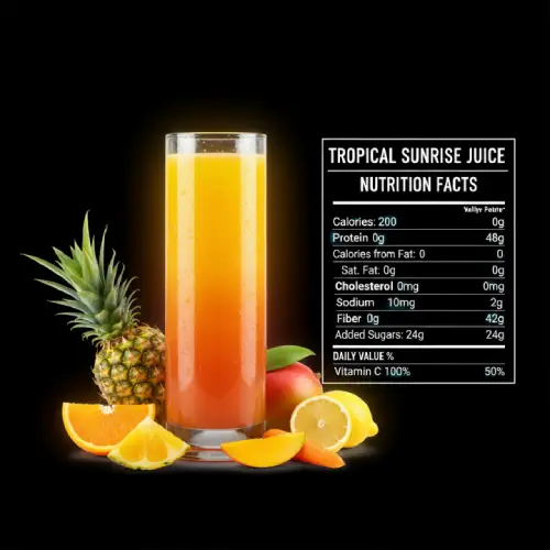 "Tropical Sunrise Juice nutrition chart showing calories, vitamins, and benefits"