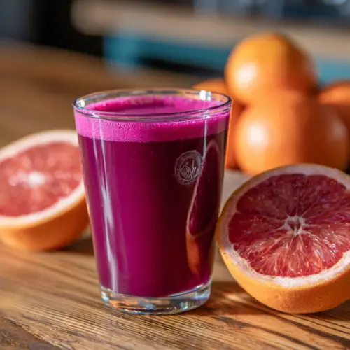 "Refreshing Purple Haze juice served in a glass made with beet, blueberry, and lemon"