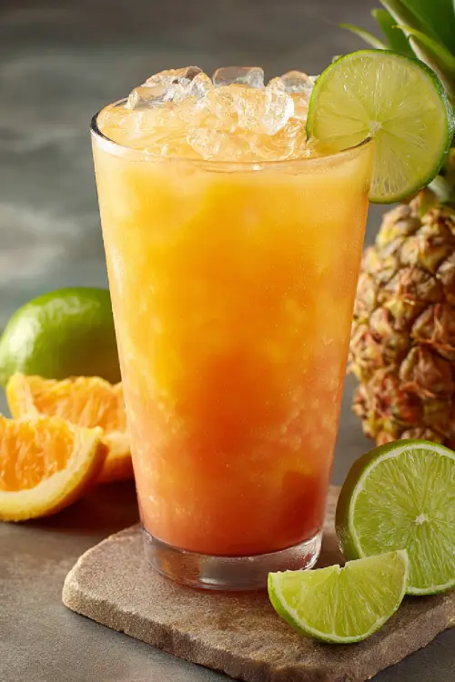 "Tropical Sunrise Juice in a tall glass with fresh fruits on the counter"