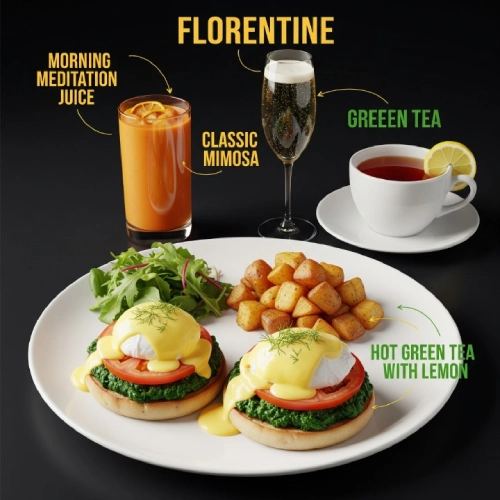 "Best drink pairings for Florentine Benedict, including coffee, fresh juice, and iced latte."